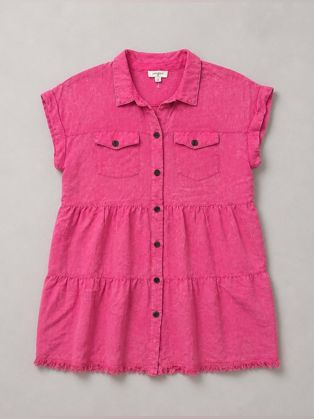 Umgee Hot Pink Tiered Button-Front Shirt Dress